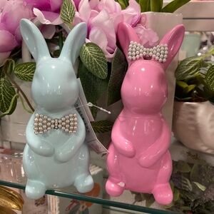 Easter Bunny Set Pink & Blue Bunnies with Pearl Bow Tie & Hair Bow, Set of 2 NWT